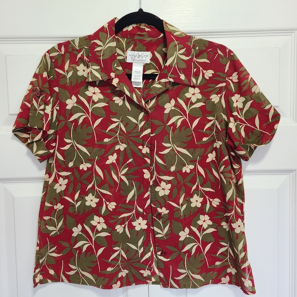 Vintage‎ Villager Sport Petite Floral Red Cream Green Women's Shirt PM